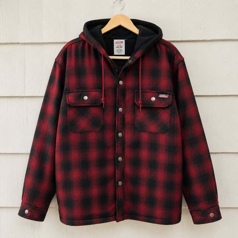 Dickies Hooded Flannel Jacket Red Black Plaid Fleece Lined Men's Large LG